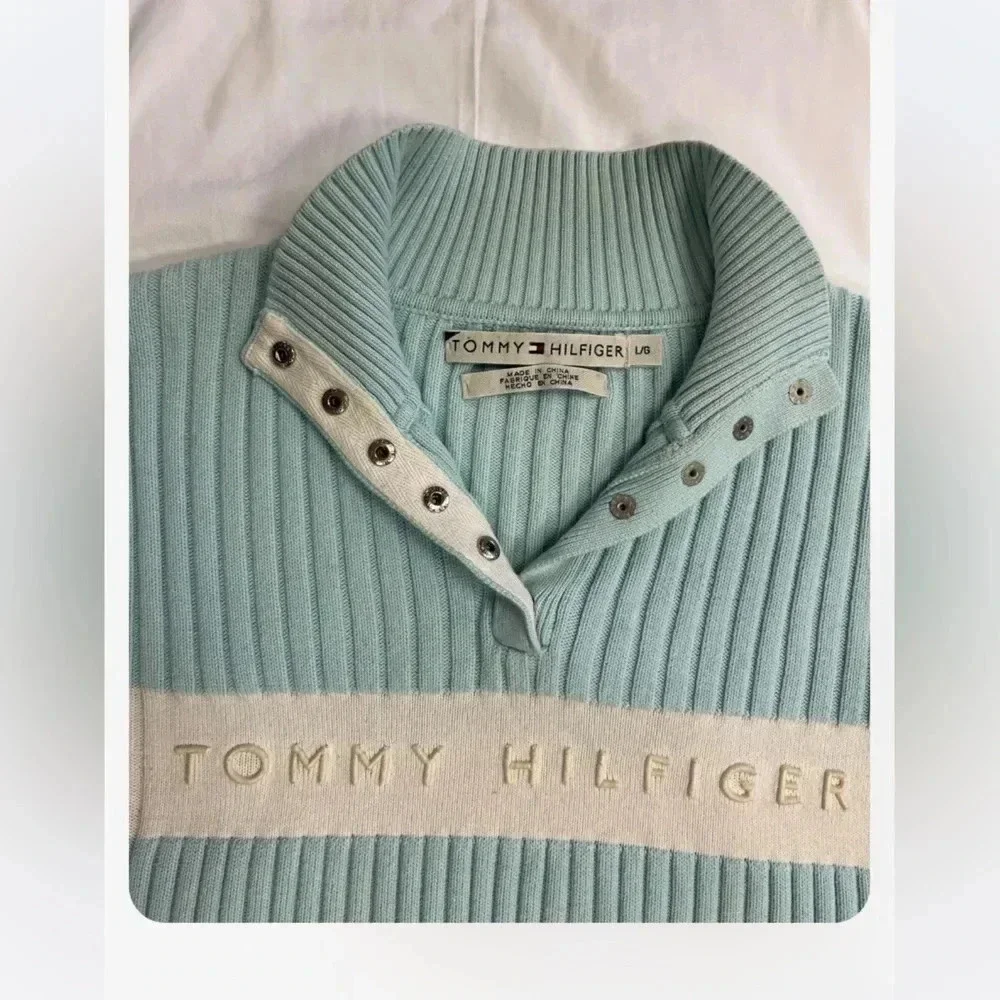 Tommy Hilfiger Vintage Ribbed Fitted  Blue White Sweater Size Large - Picture 9 of 10